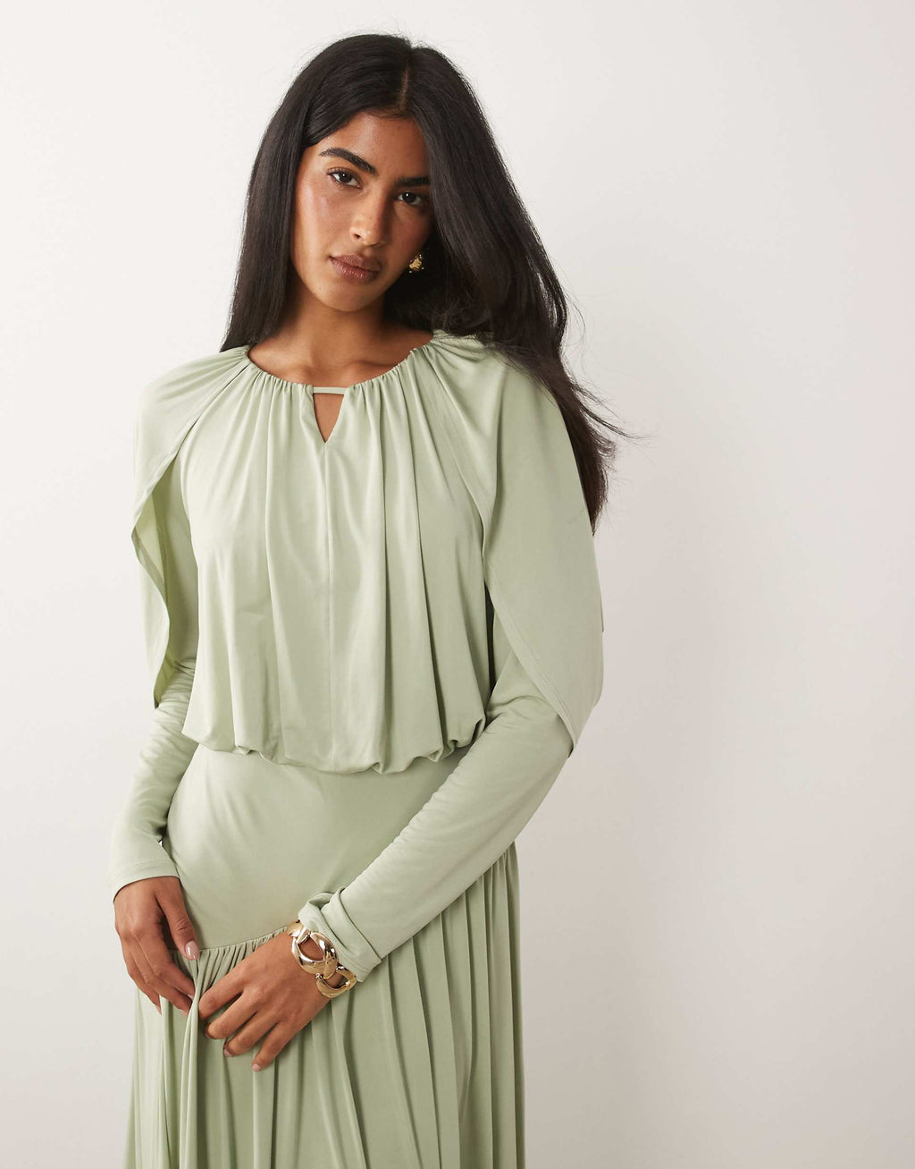 Daska ruched drop asymmetric waist with keyhole maxi dress in sage