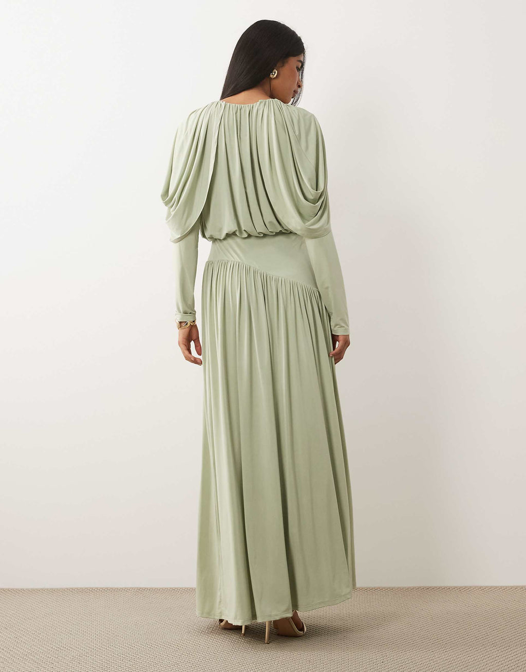 Daska ruched drop asymmetric waist with keyhole maxi dress in sage