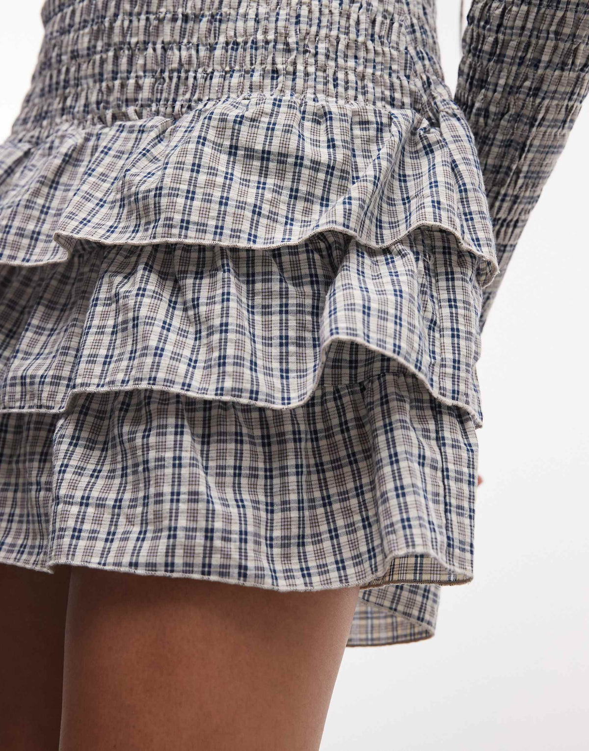 Daisy Street long sleeve drop waist shirred ruffle mini dress in blue plaid