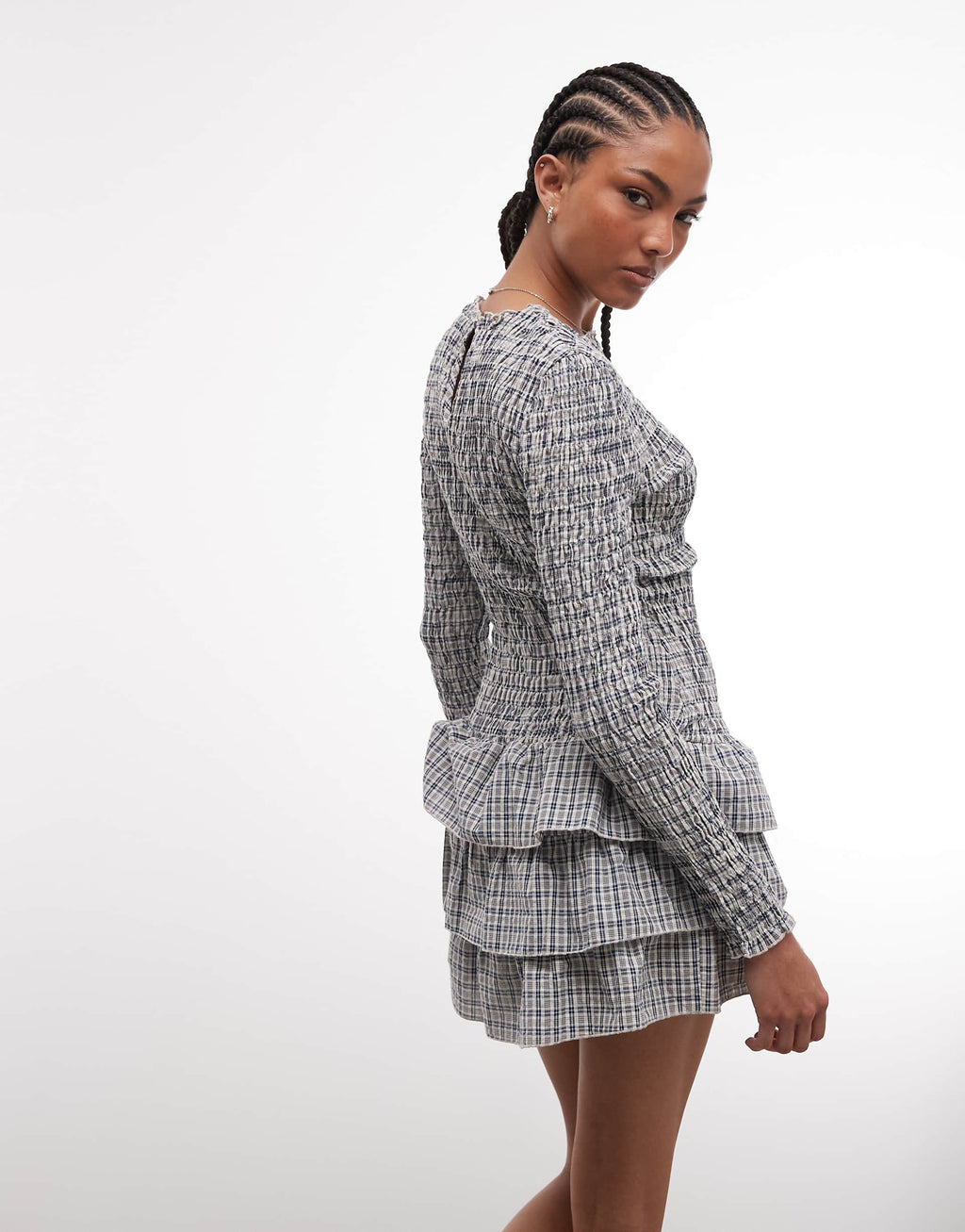 Daisy Street long sleeve drop waist shirred ruffle mini dress in blue plaid