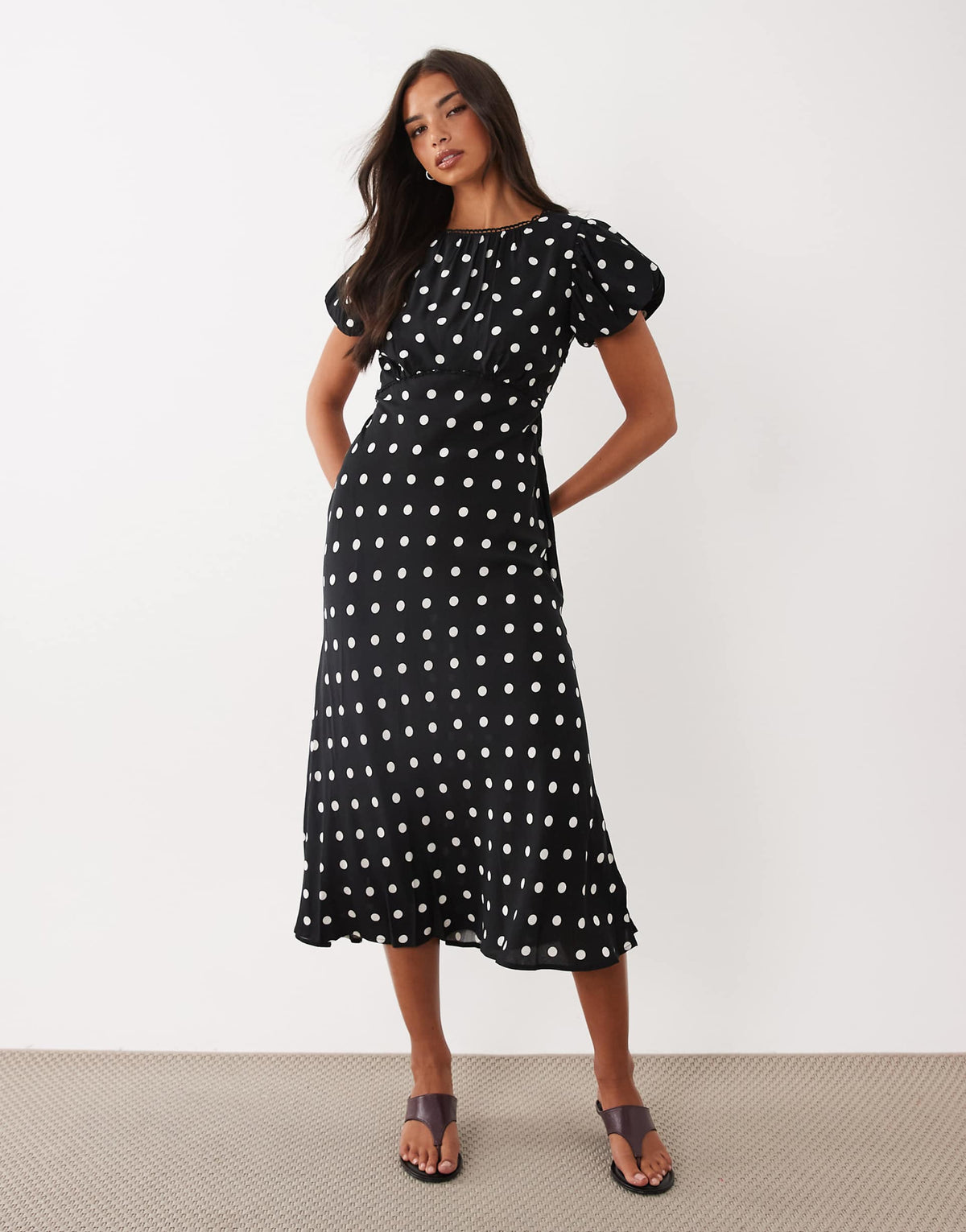 Nobody's Child Sicily puff sleeve bias cut midi dress in black polka dots