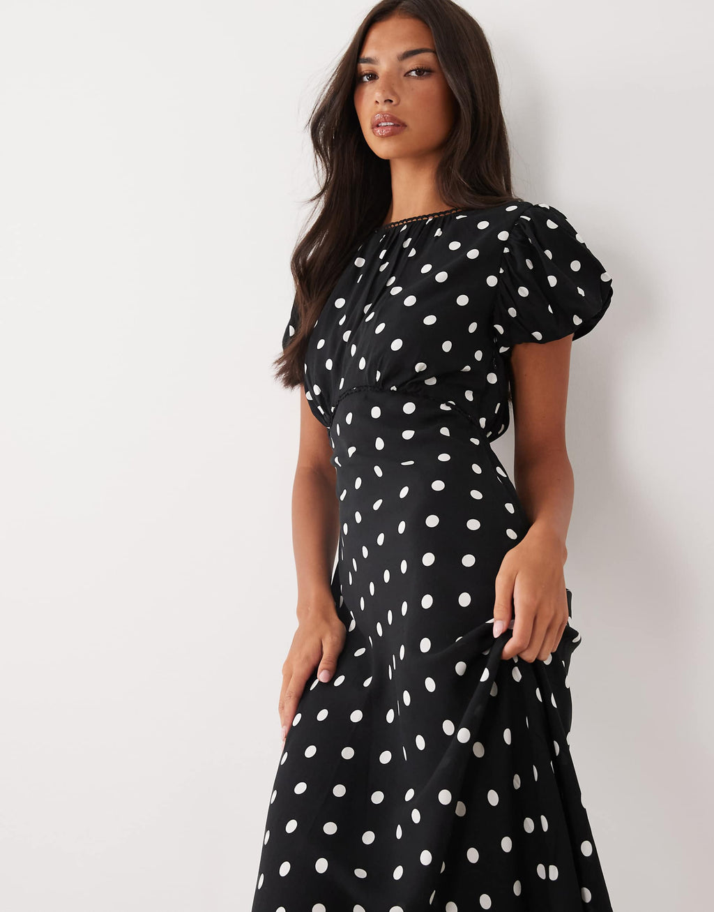 Nobody's Child Sicily puff sleeve bias cut midi dress in black polka dots