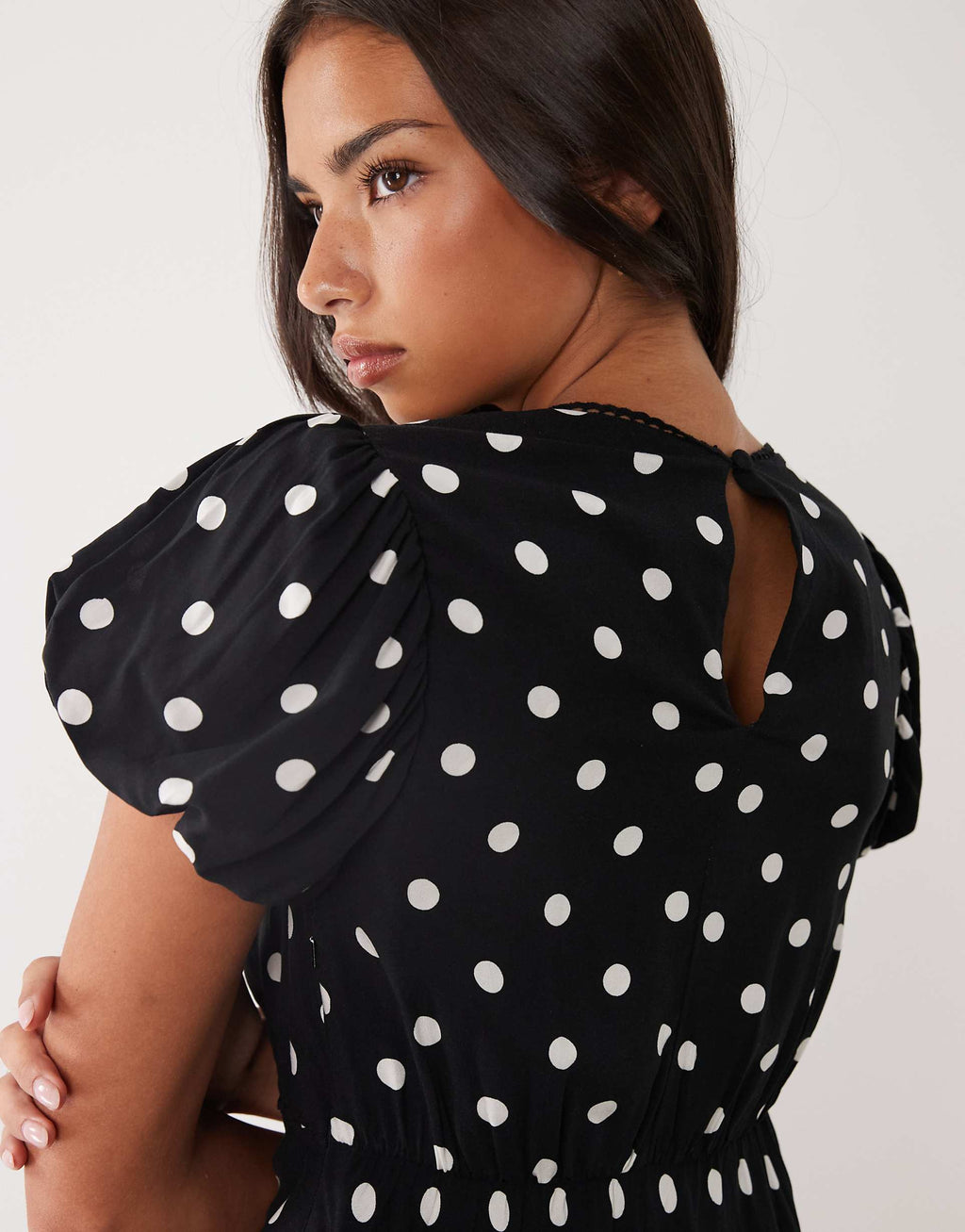 Nobody's Child Sicily puff sleeve bias cut midi dress in black polka dots