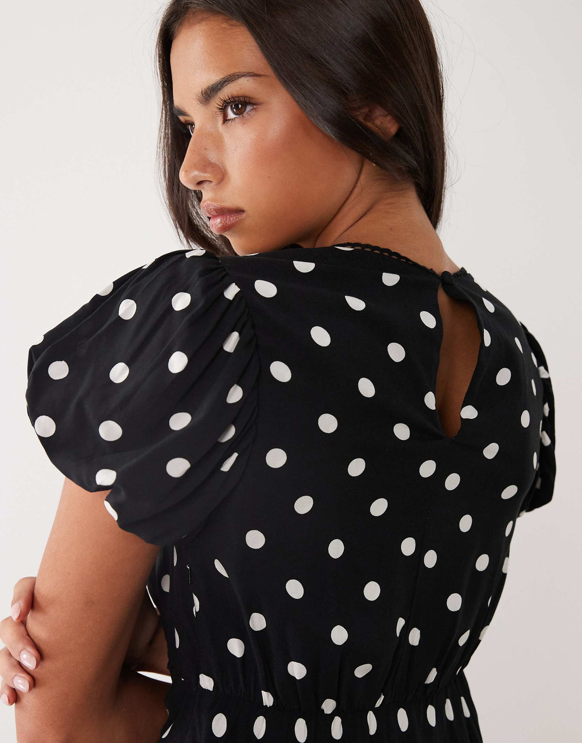 Nobody's Child Sicily puff sleeve bias cut midi dress in black polka dots