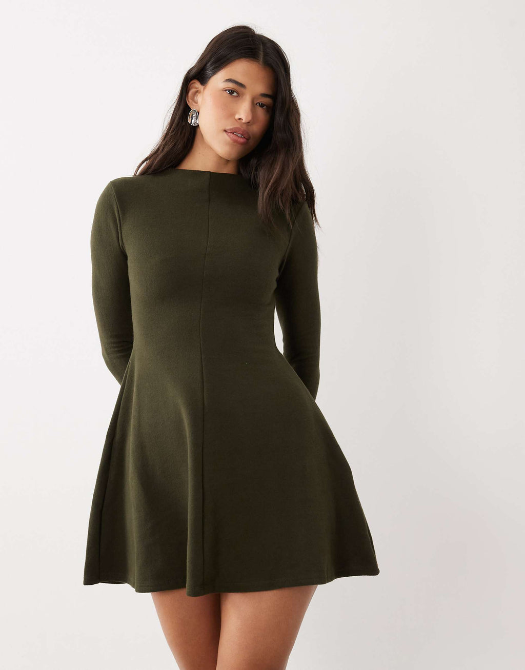 ASOS DESIGN super soft grown-on neck long sleeve dress in olive