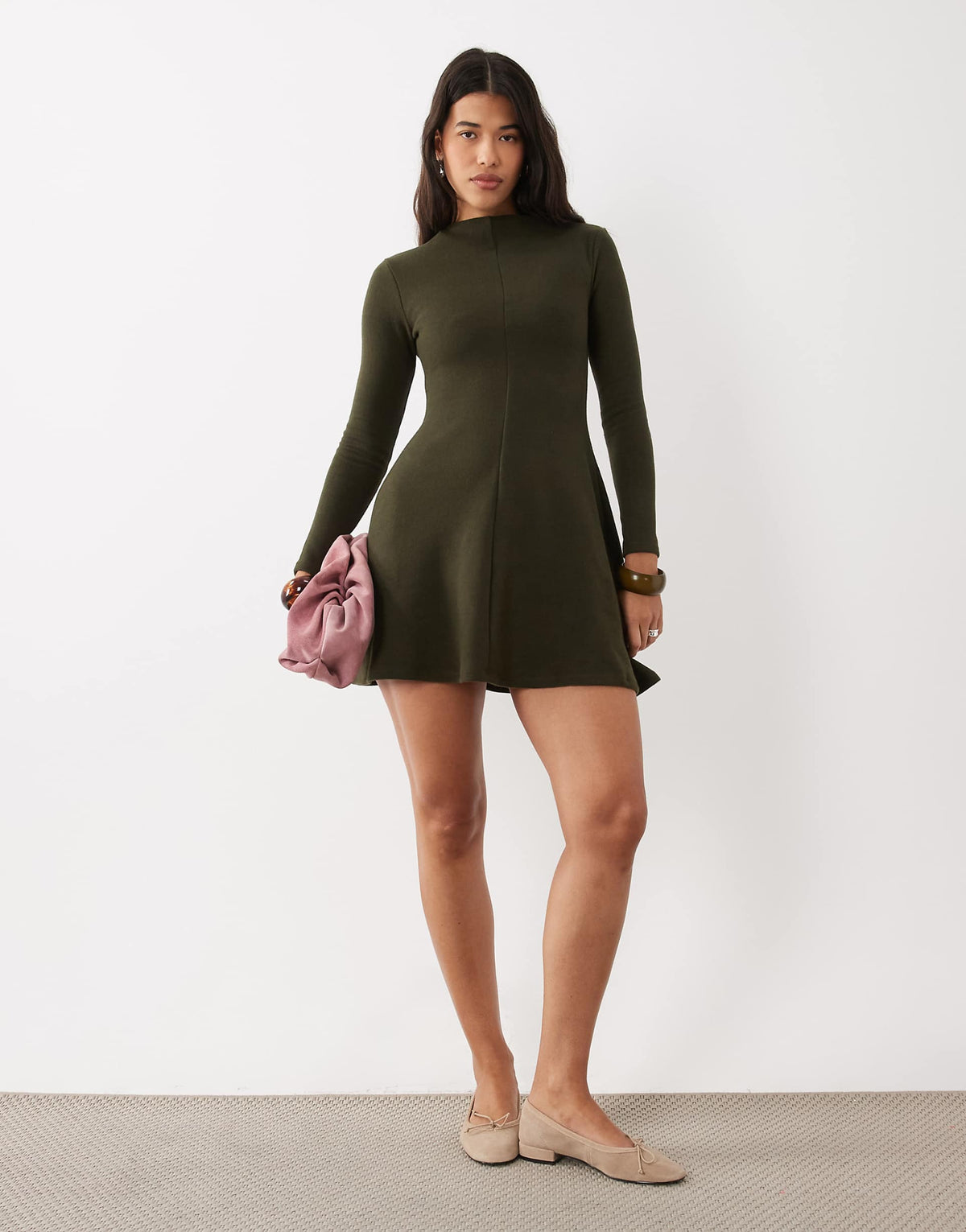 ASOS DESIGN super soft grown-on neck long sleeve dress in olive