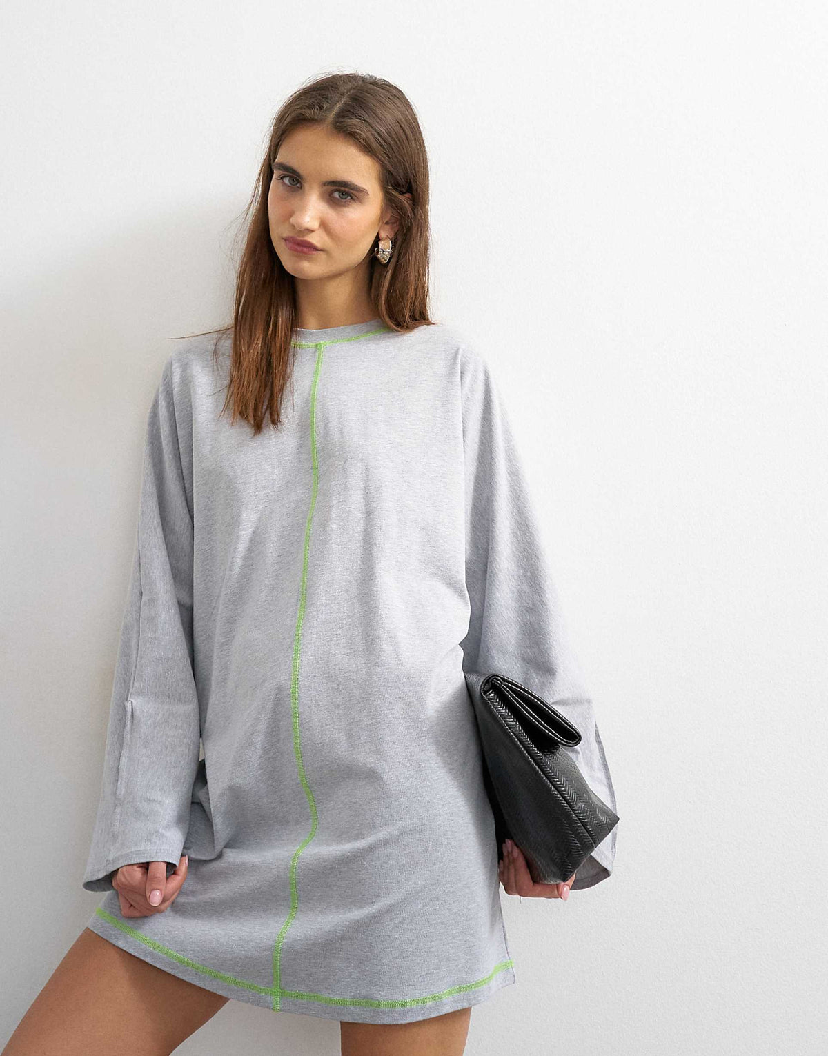 Topshop cotton rich jersey rolled sleeve T-shirt mini dress in gray heather with green contrast topstitching