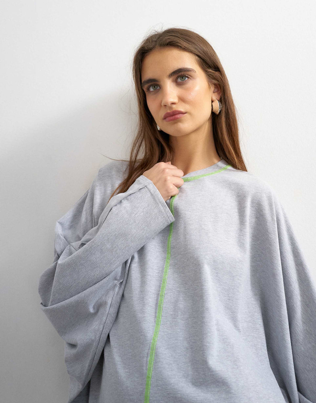 Topshop cotton rich jersey rolled sleeve T-shirt mini dress in gray heather with green contrast topstitching