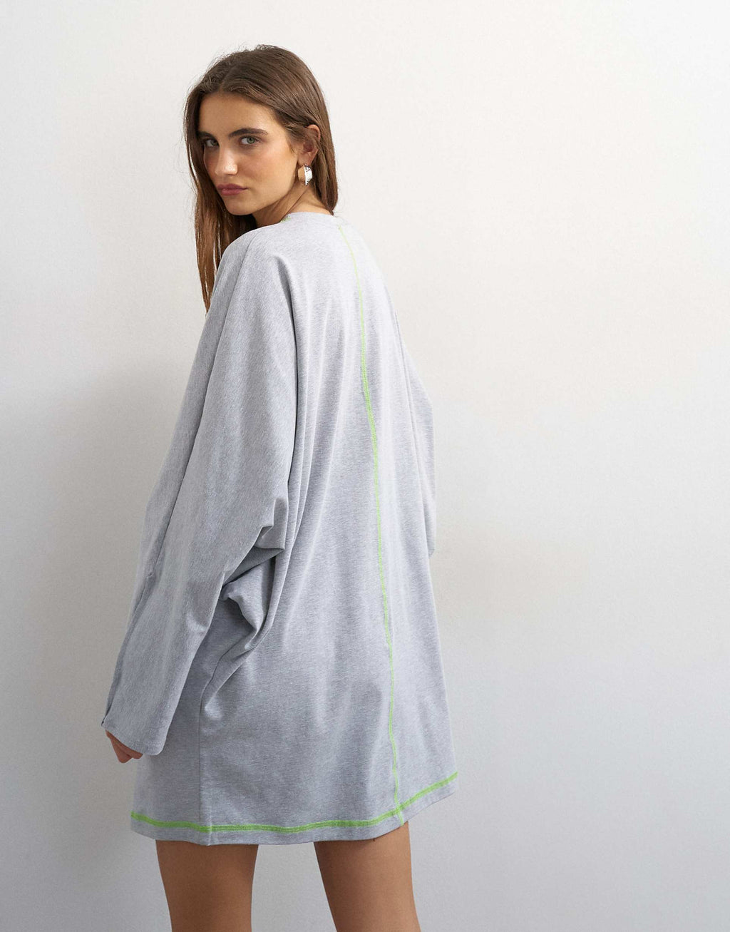 Topshop cotton rich jersey rolled sleeve T-shirt mini dress in gray heather with green contrast topstitching