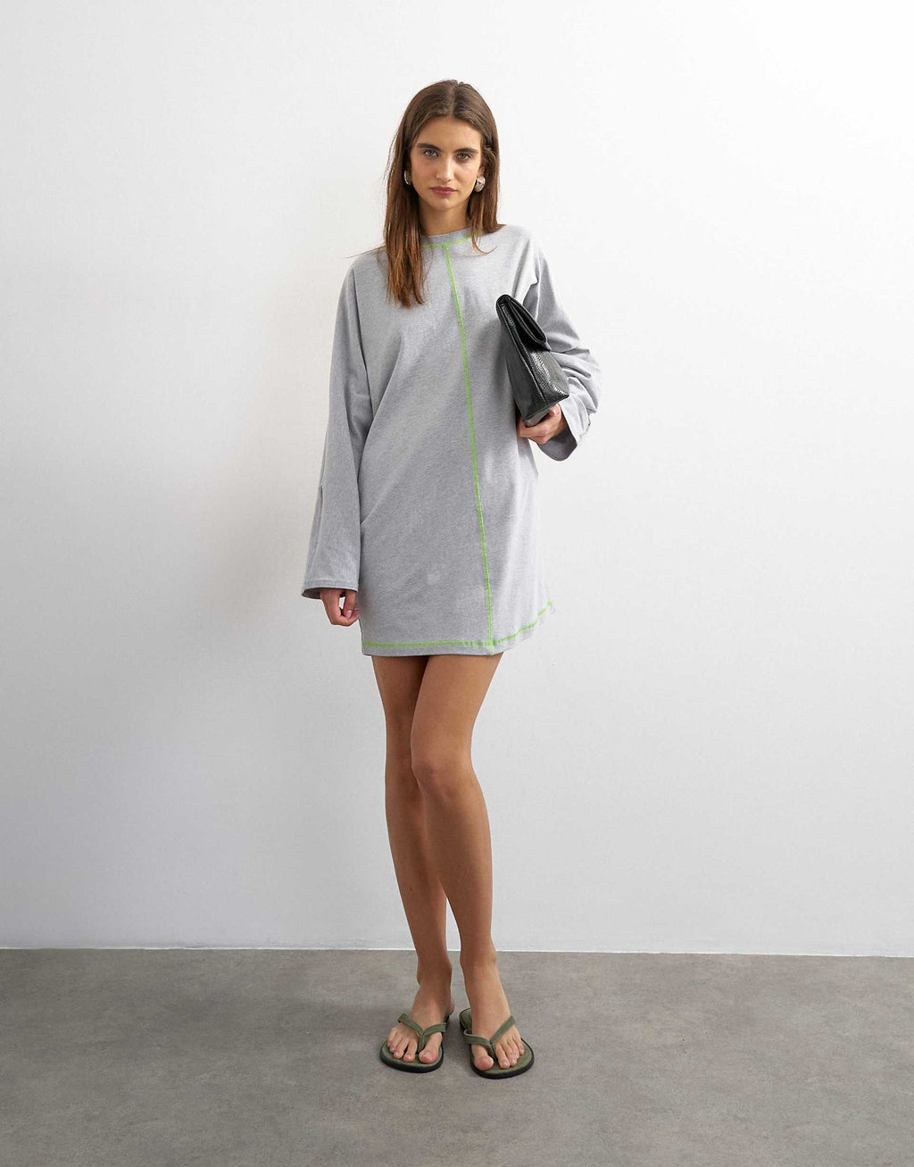 Topshop cotton rich jersey rolled sleeve T-shirt mini dress in gray heather with green contrast topstitching