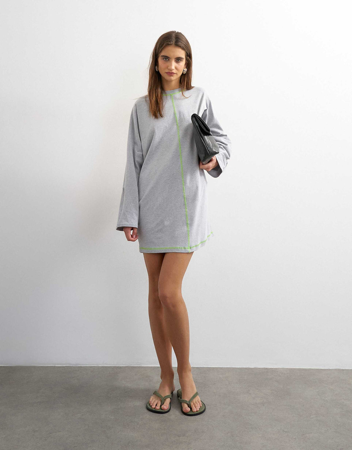 Topshop cotton rich jersey rolled sleeve T-shirt mini dress in gray heather with green contrast topstitching