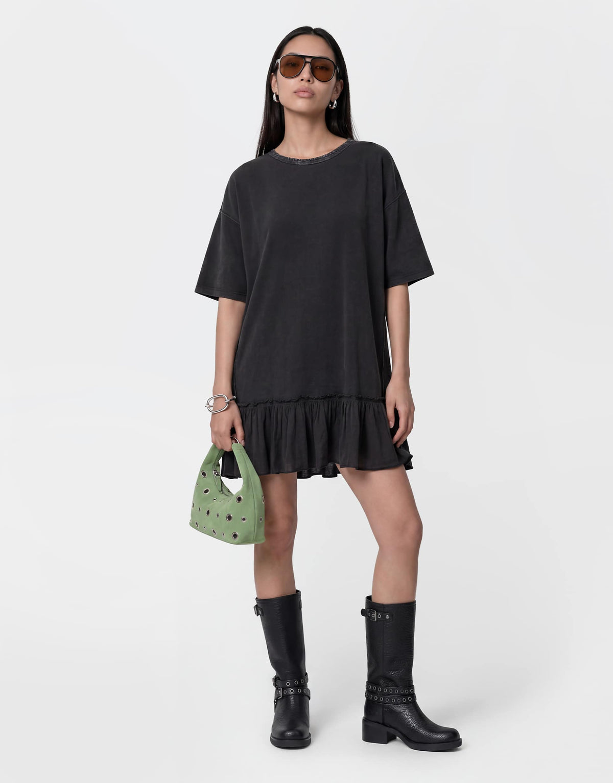 Noisy May dropped hem t-shirt dress with seam detailing in washed black