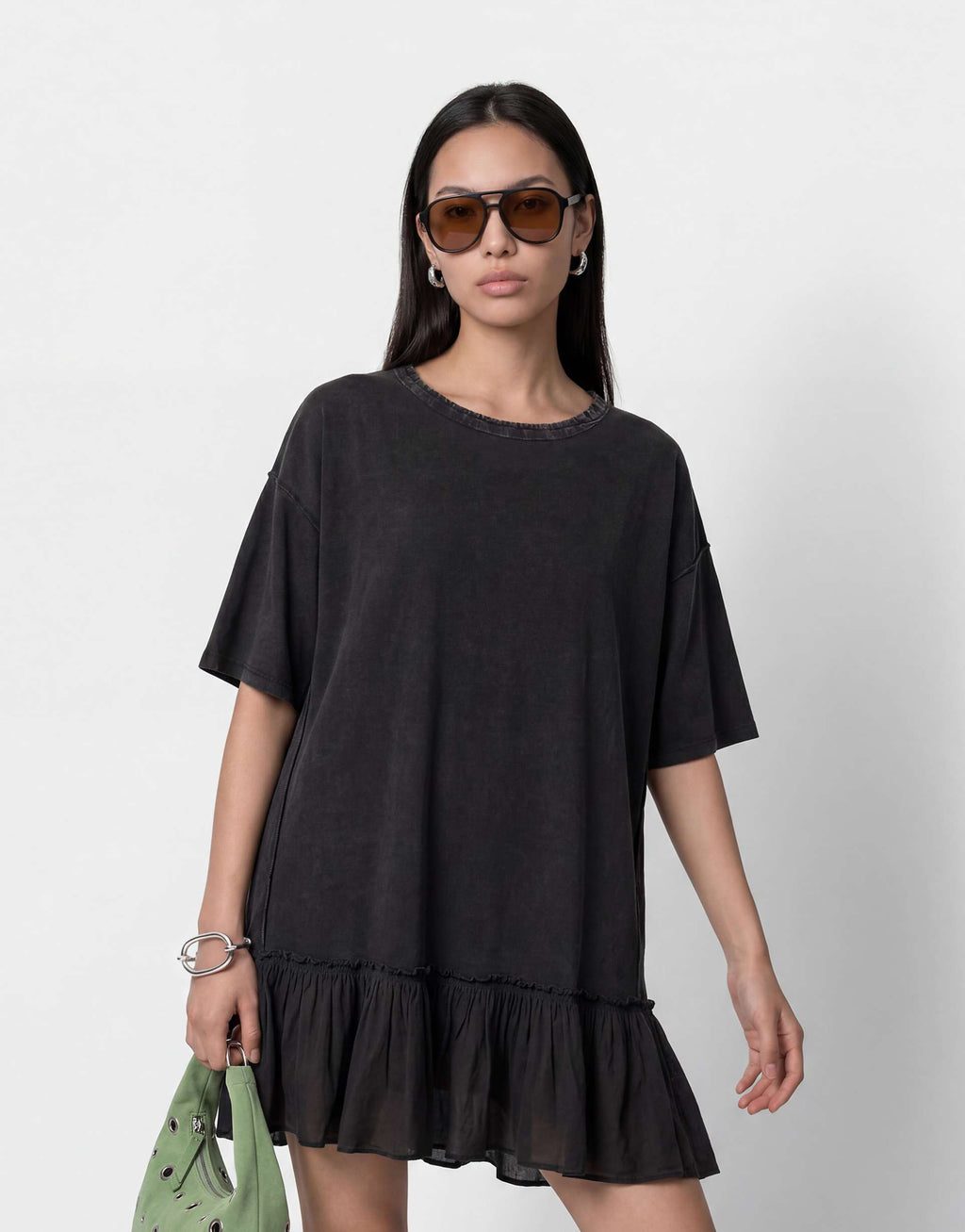 Noisy May dropped hem t-shirt dress with seam detailing in washed black