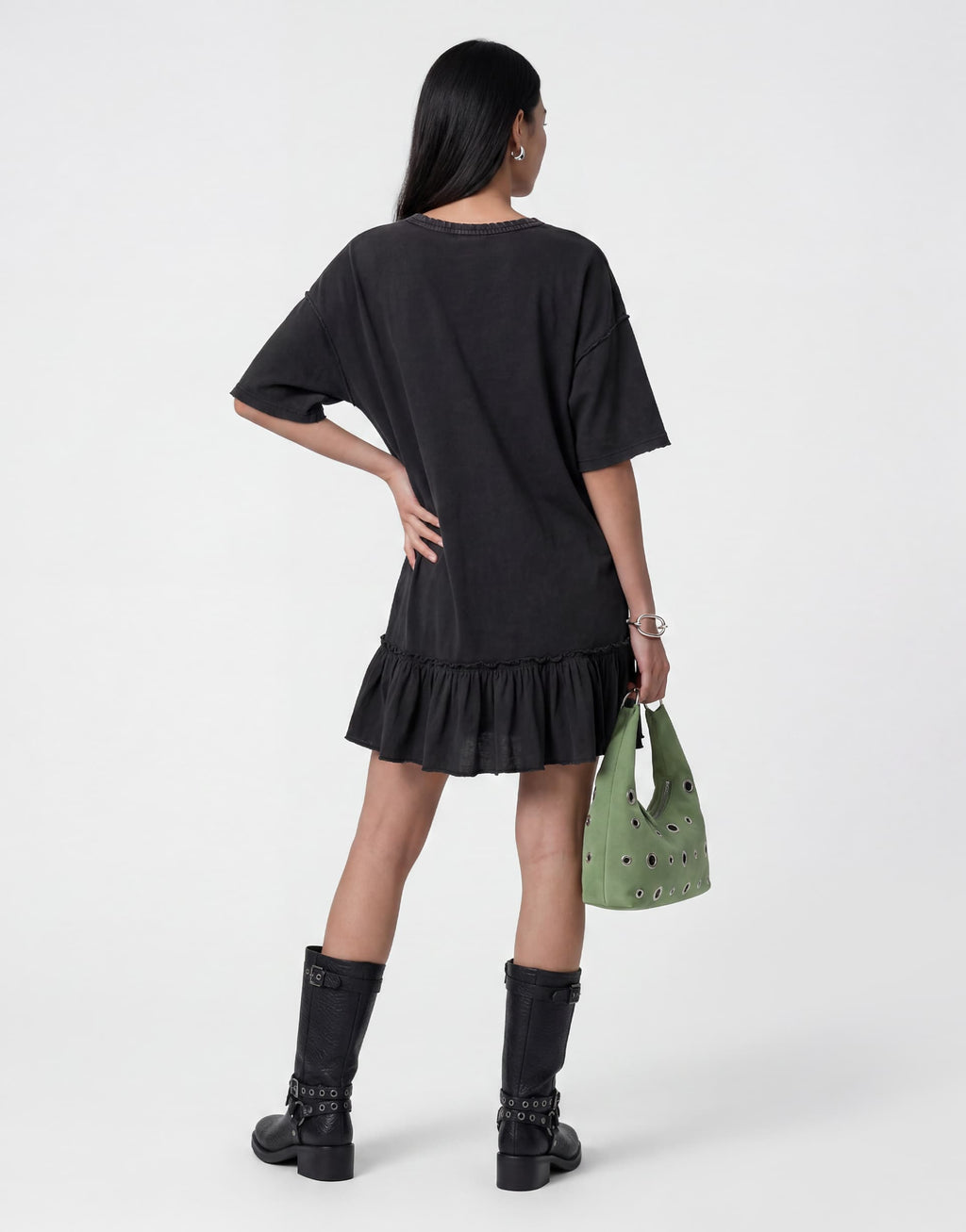 Noisy May dropped hem t-shirt dress with seam detailing in washed black