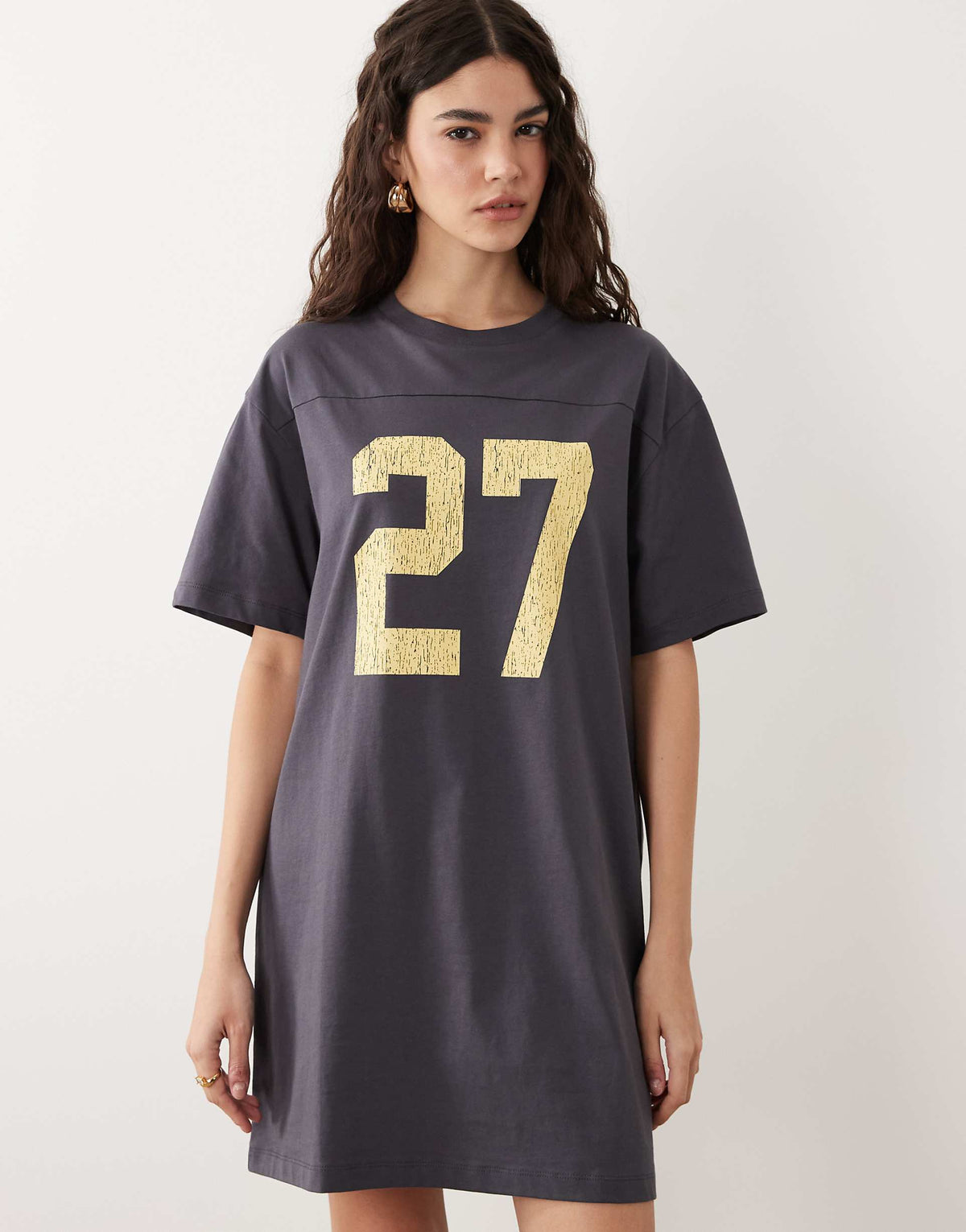 ASOS DESIGN oversized T-shirt mini dress with contrast varsity graphic in charcoal