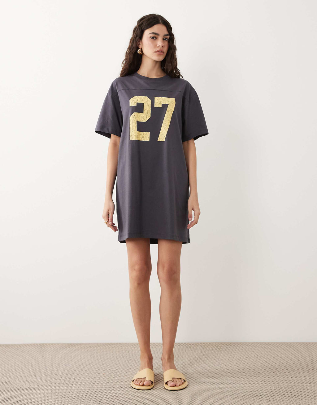 ASOS DESIGN oversized T-shirt mini dress with contrast varsity graphic in charcoal