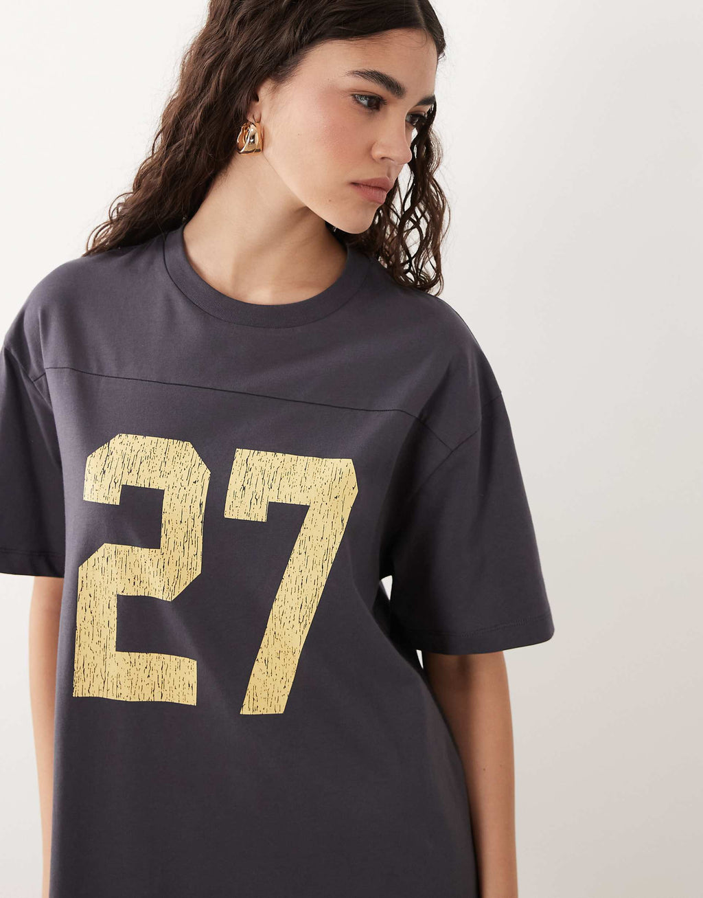 ASOS DESIGN oversized T-shirt mini dress with contrast varsity graphic in charcoal