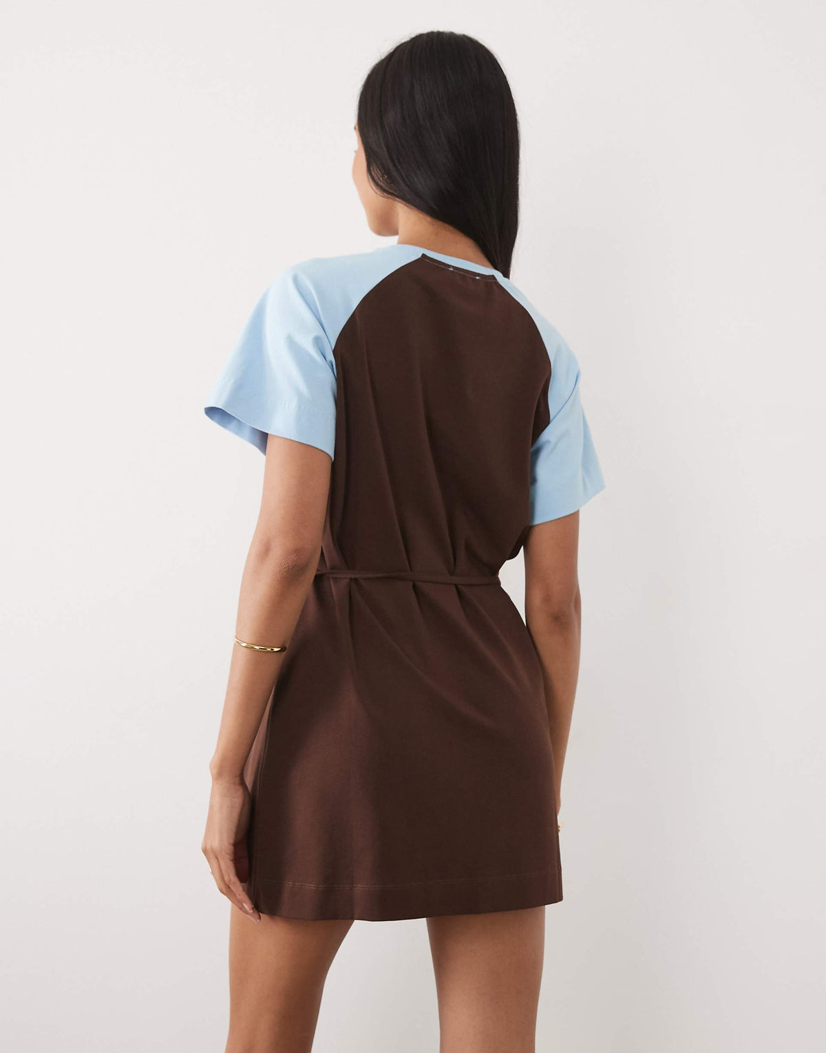 ASOS DESIGN contrast tie detail T-shirt mini dress in blue and choc