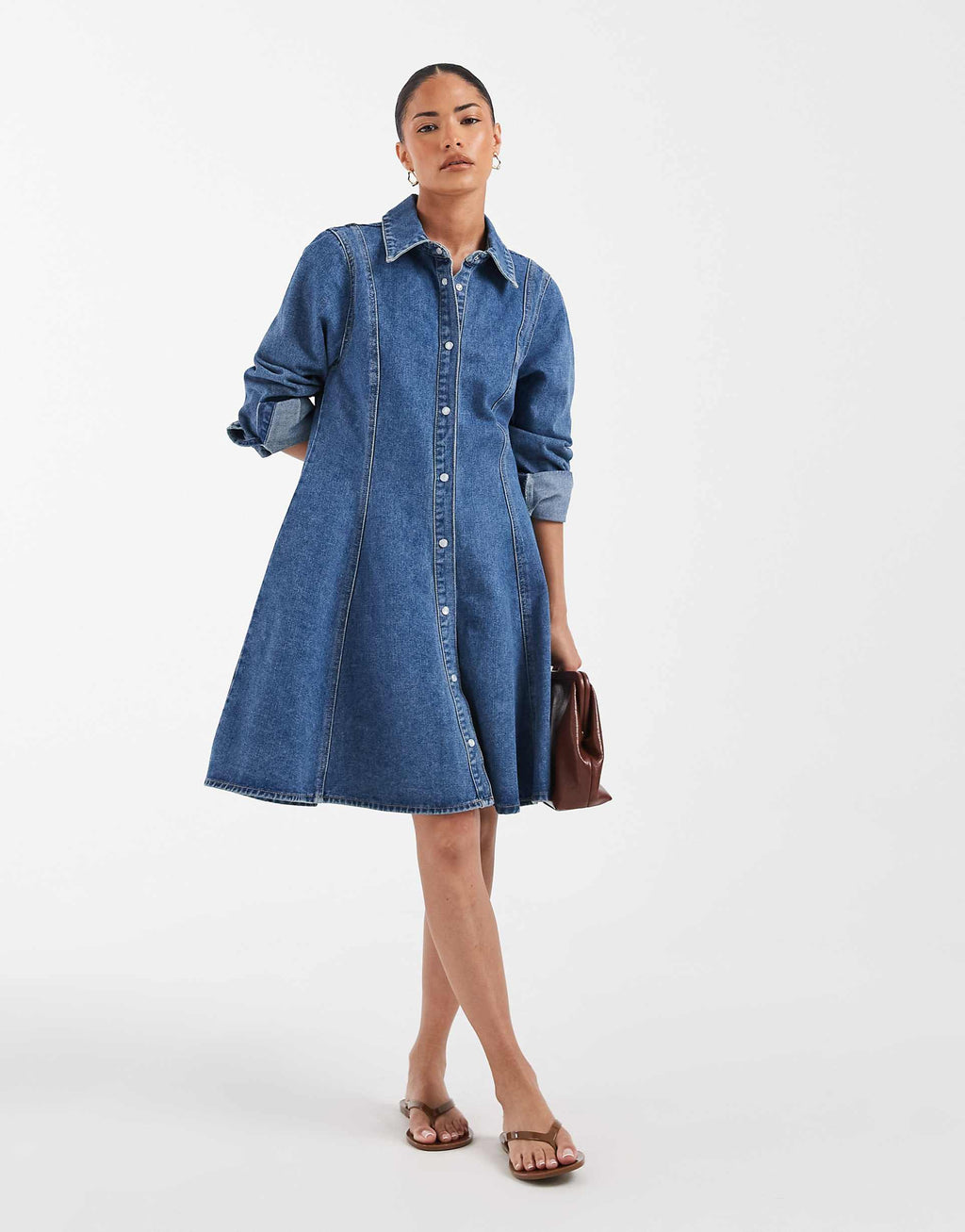 Vero Moda Petite button up seam detailing denim mini dress in medium blue
