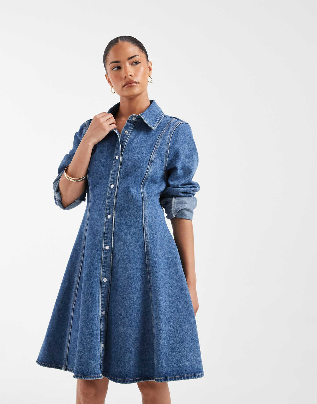 Vero Moda Petite button up seam detailing denim mini dress in medium blue