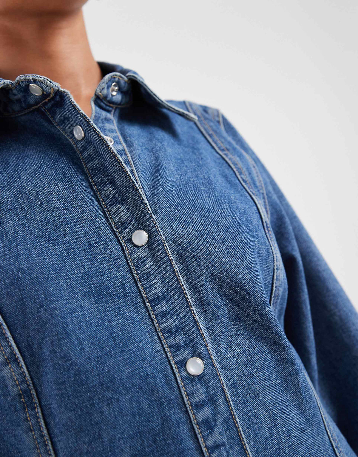 Vero Moda Petite button up seam detailing denim mini dress in medium blue