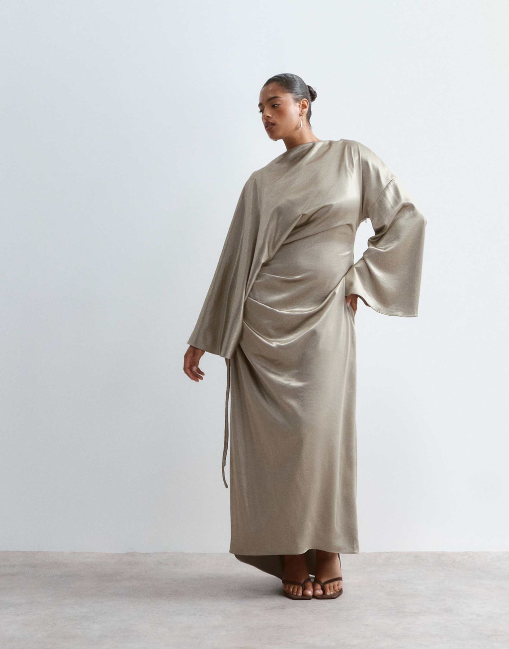 ARRANGE Curve satin drape long sleeve maxi dress in gold