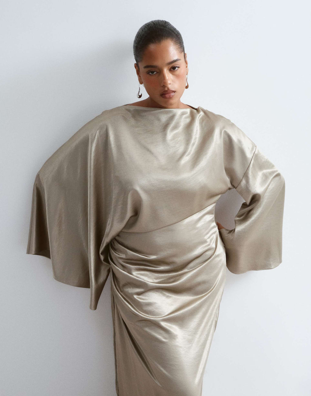 ARRANGE Curve satin drape long sleeve maxi dress in gold