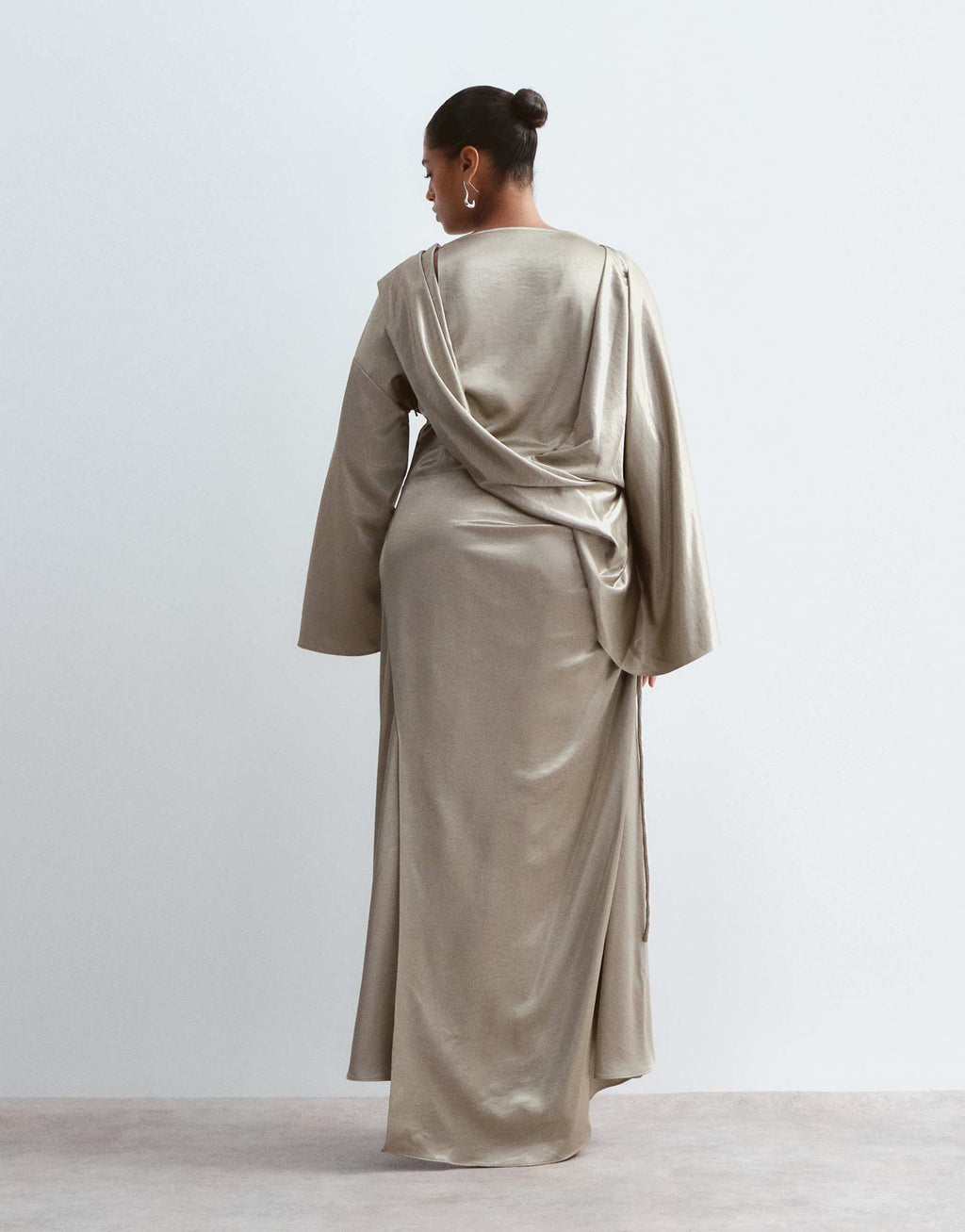 ARRANGE Curve satin drape long sleeve maxi dress in gold