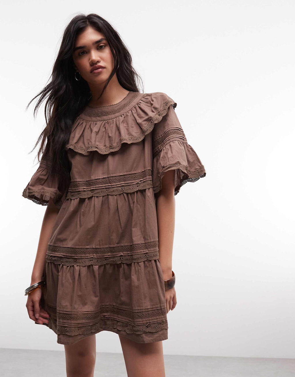 Daisy Street boho ruffle smock mini dress in brown