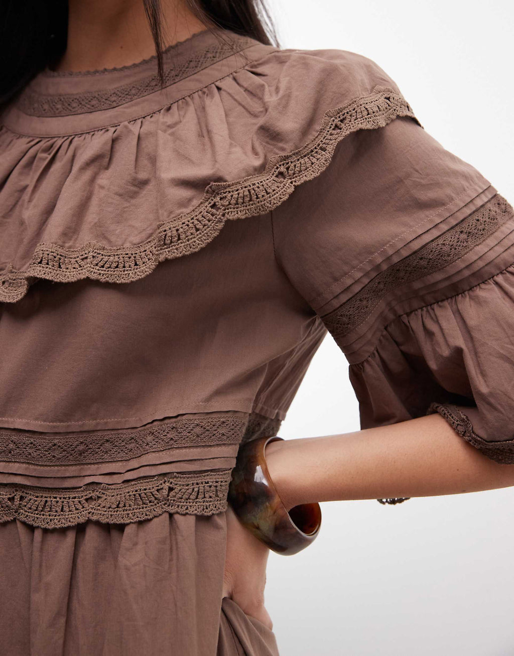 Daisy Street boho ruffle smock mini dress in brown