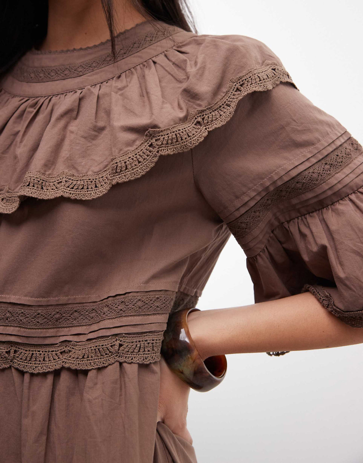 Daisy Street boho ruffle smock mini dress in brown