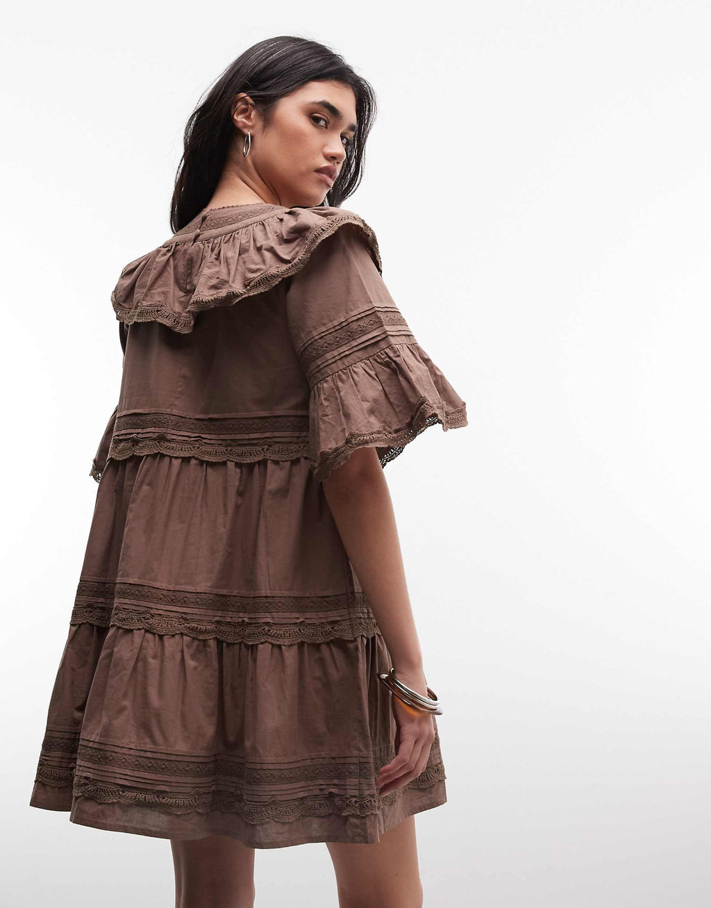 Daisy Street boho ruffle smock mini dress in brown