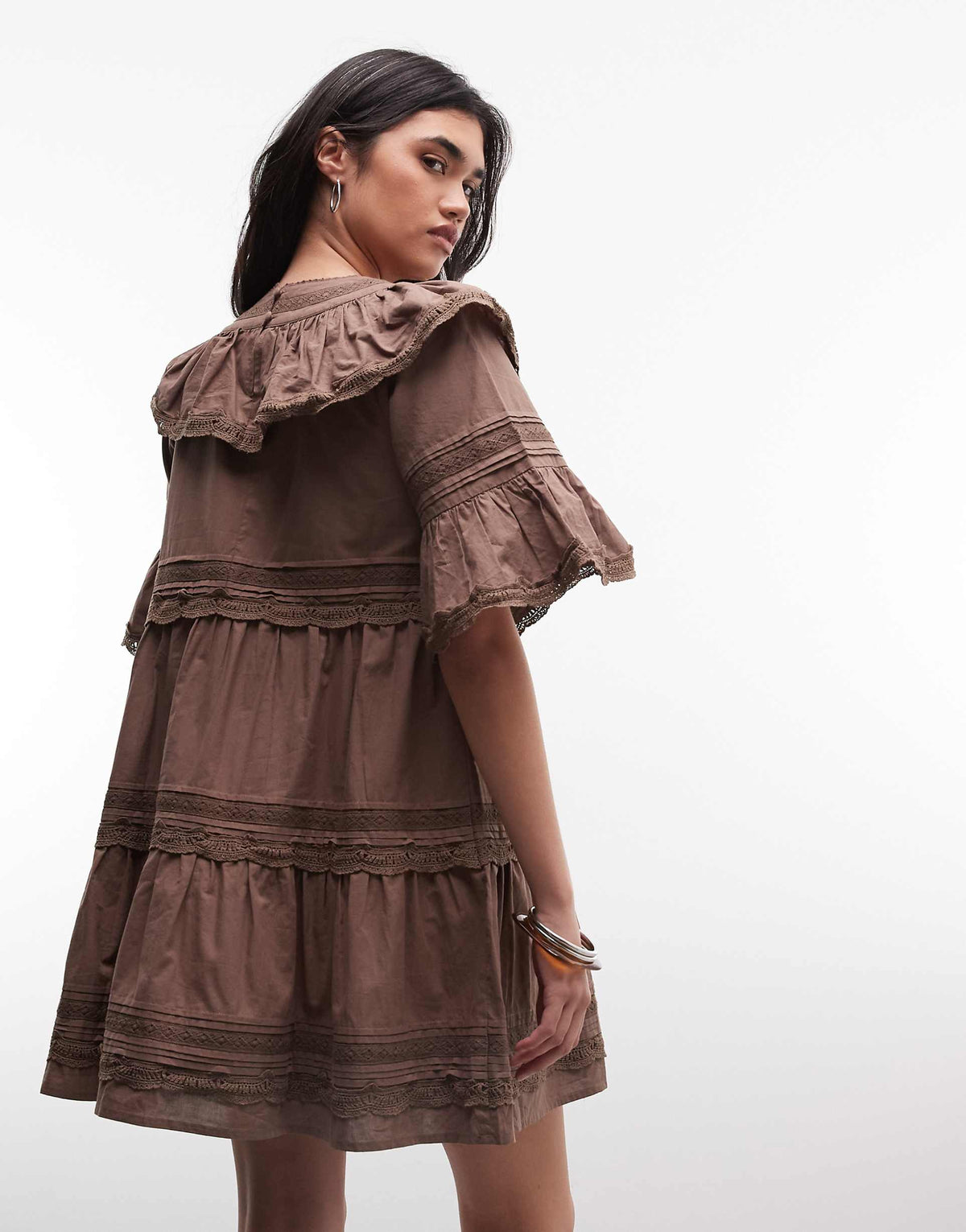 Daisy Street boho ruffle smock mini dress in brown