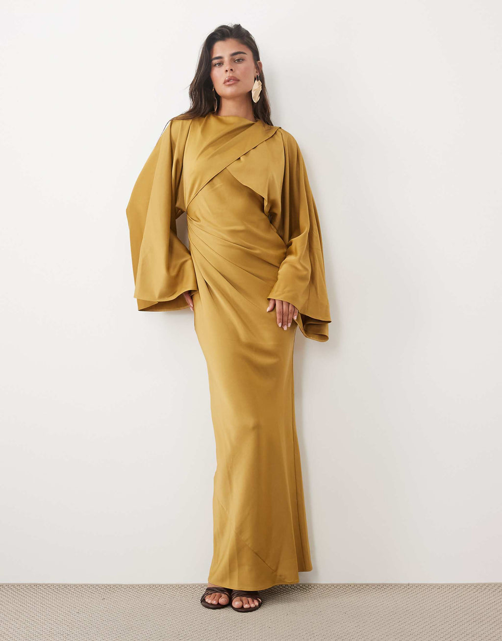 ASOS DESIGN draped long sleeve cross front high neck satin maxi dress in dried tobacco