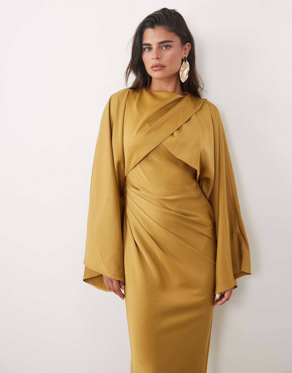 ASOS DESIGN draped long sleeve cross front high neck satin maxi dress in dried tobacco