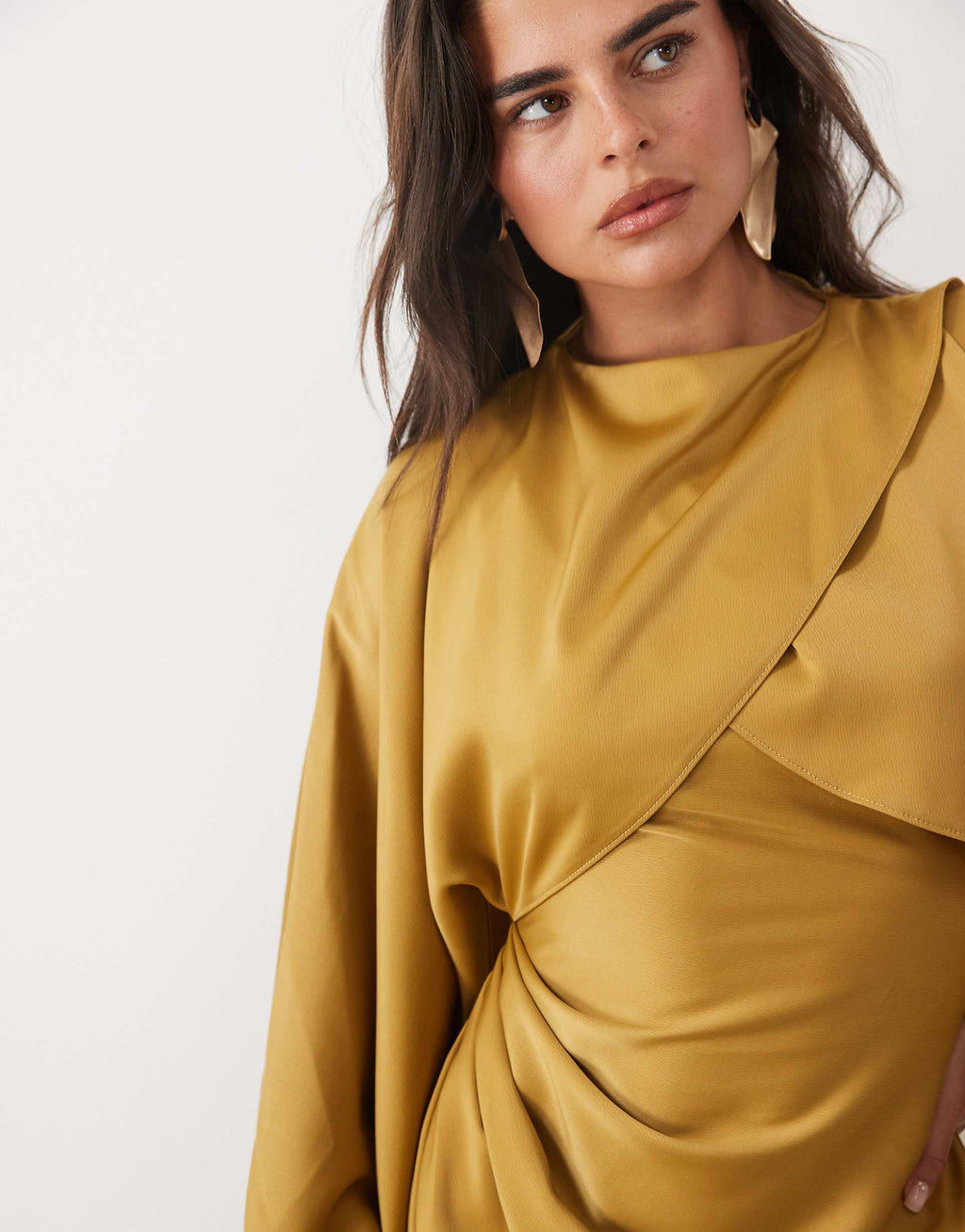 ASOS DESIGN draped long sleeve cross front high neck satin maxi dress in dried tobacco