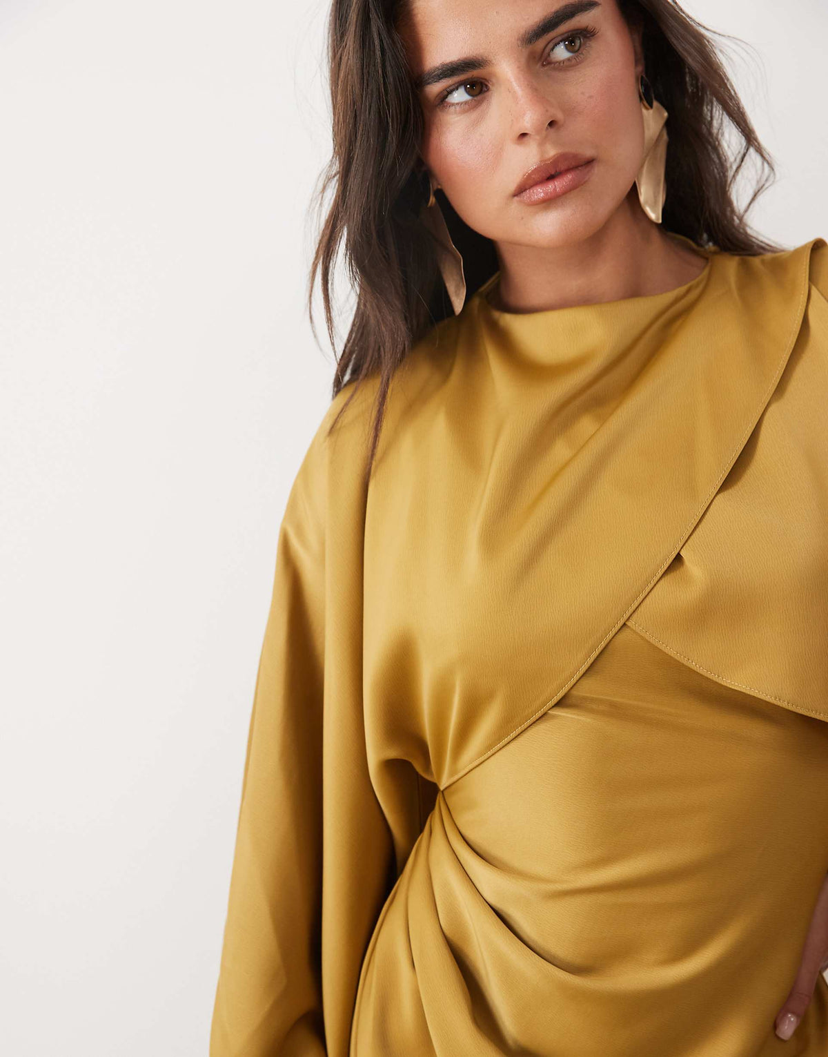 ASOS DESIGN draped long sleeve cross front high neck satin maxi dress in dried tobacco