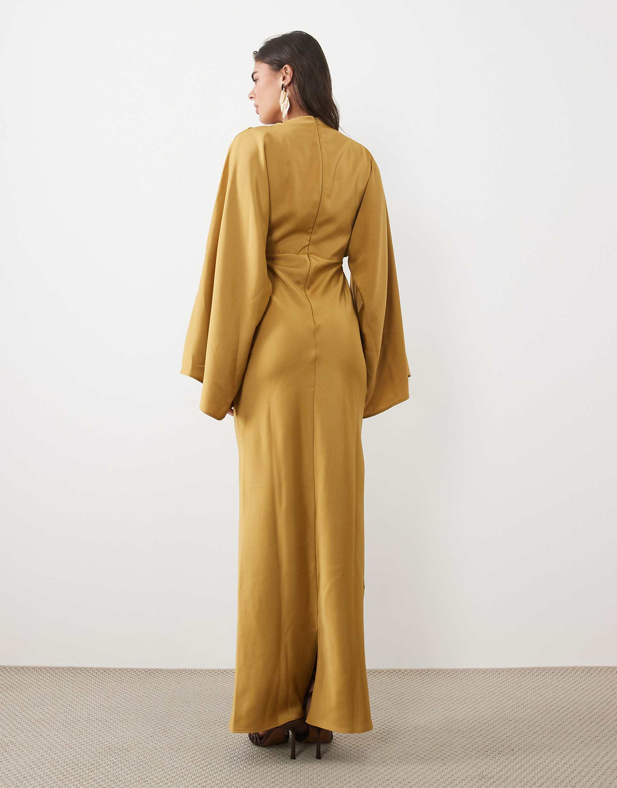 ASOS DESIGN draped long sleeve cross front high neck satin maxi dress in dried tobacco