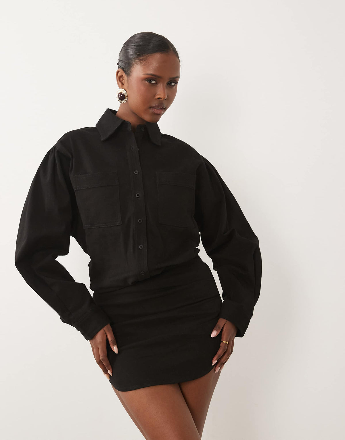 Noughts & Kisses denim pocket front fitted skirt mini dress in black