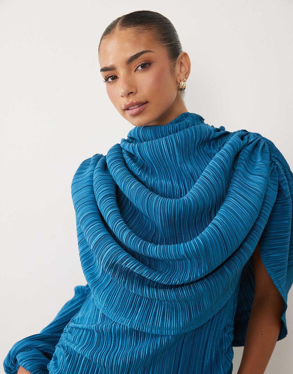 ASOS DESIGN plisse asymmetric cape sleeve mini dress in blue teal