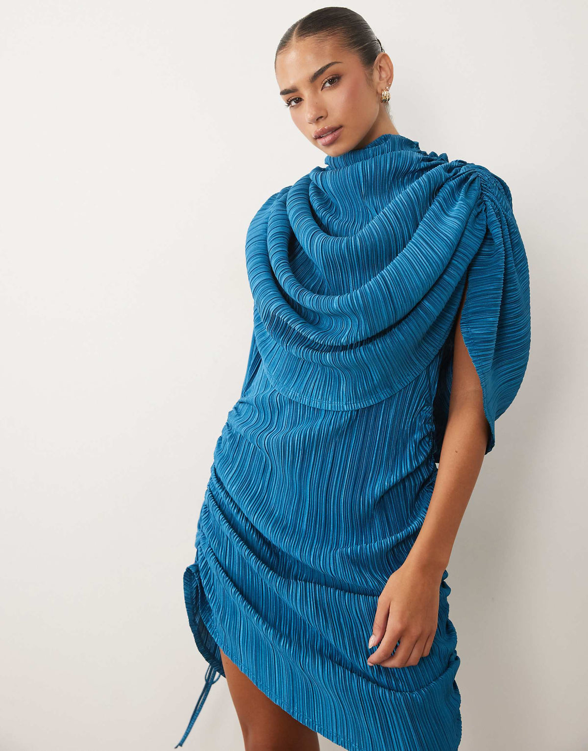 ASOS DESIGN plisse asymmetric cape sleeve mini dress in blue teal
