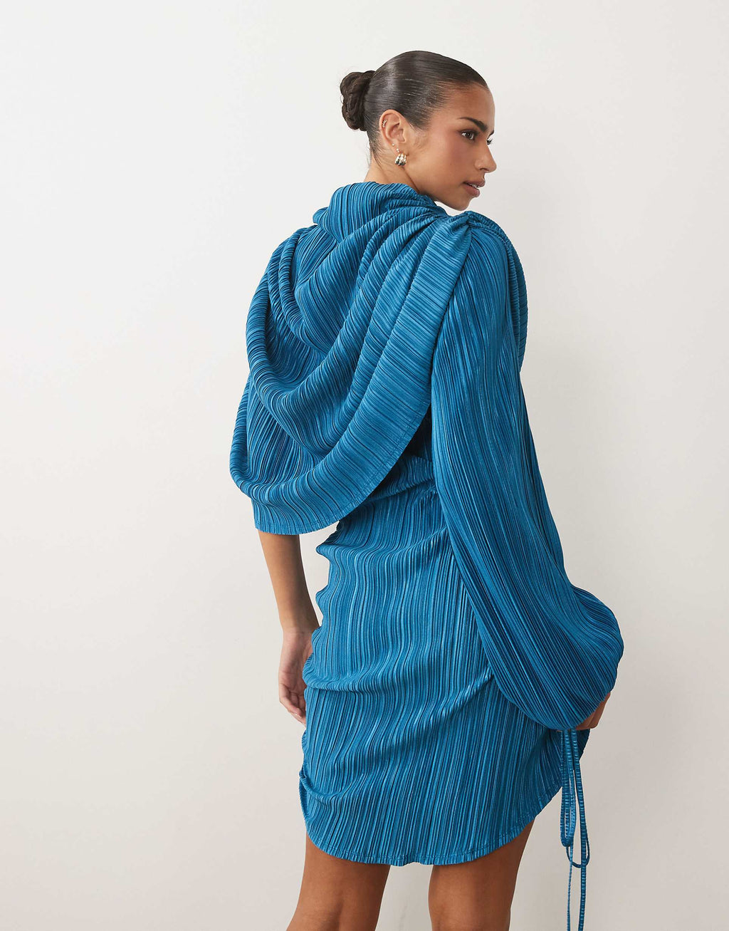 ASOS DESIGN plisse asymmetric cape sleeve mini dress in blue teal