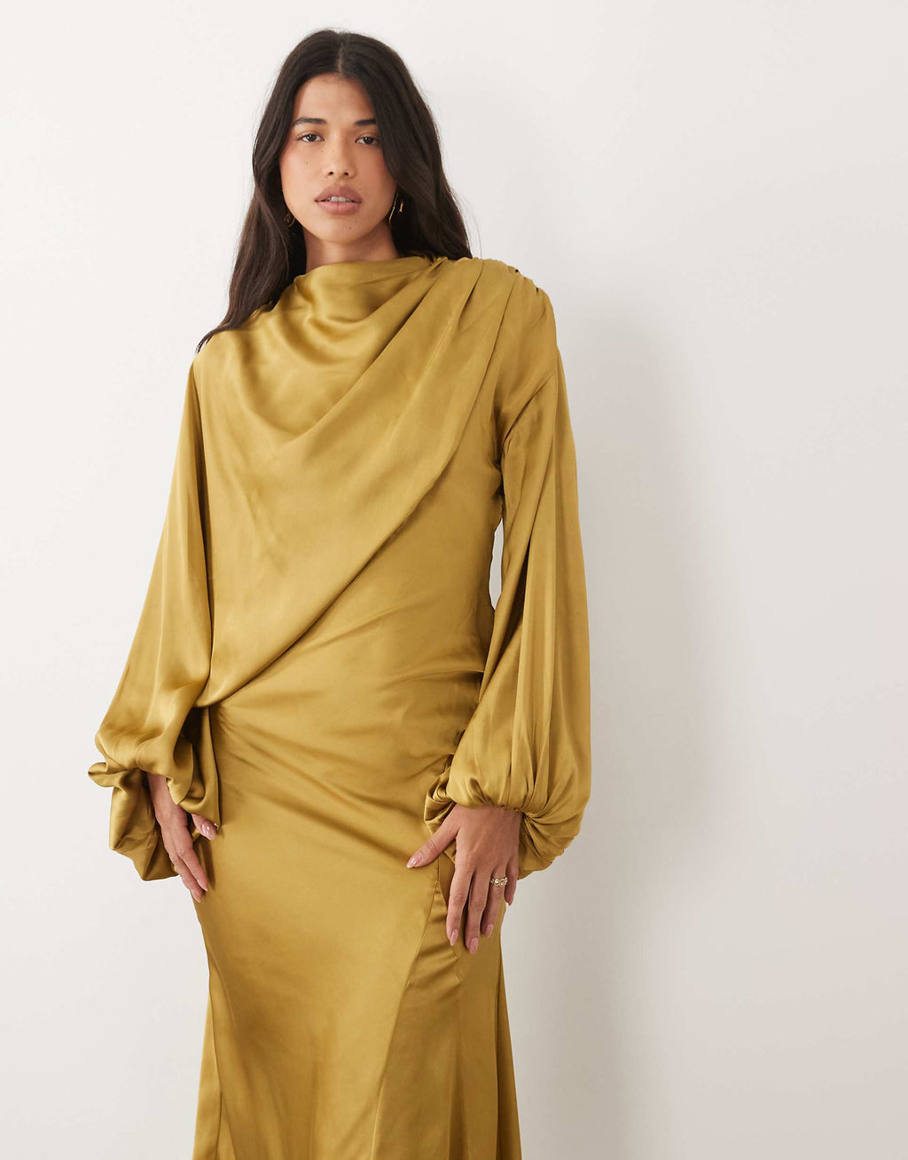 ASOS DESIGN asymmetric blouson sleeve satin maxi dress in ochre