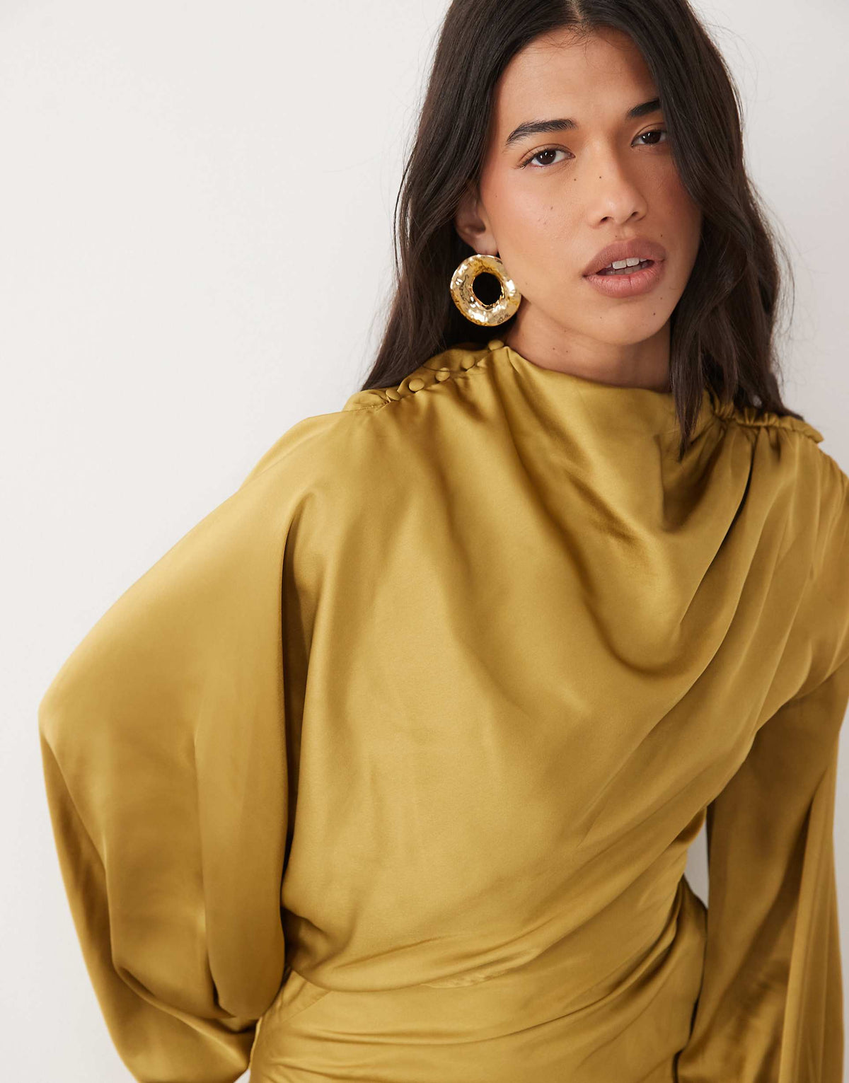 ASOS DESIGN asymmetric blouson sleeve satin maxi dress in ochre