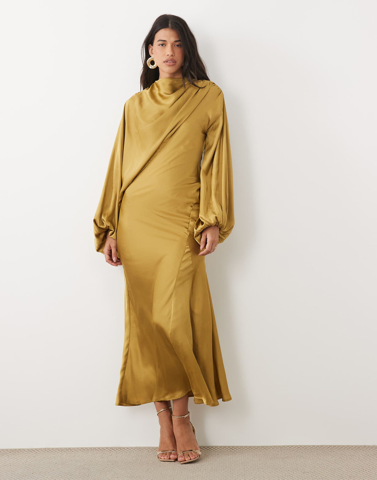ASOS DESIGN asymmetric blouson sleeve satin maxi dress in ochre