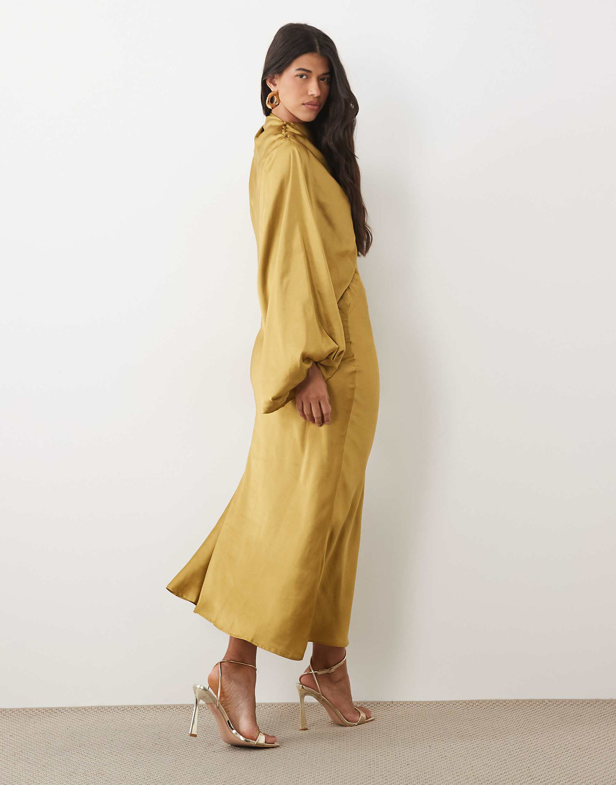 ASOS DESIGN asymmetric blouson sleeve satin maxi dress in ochre