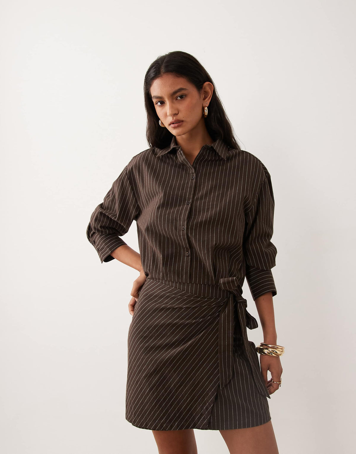 Cotton On shirt mini dress in dark oak stripe