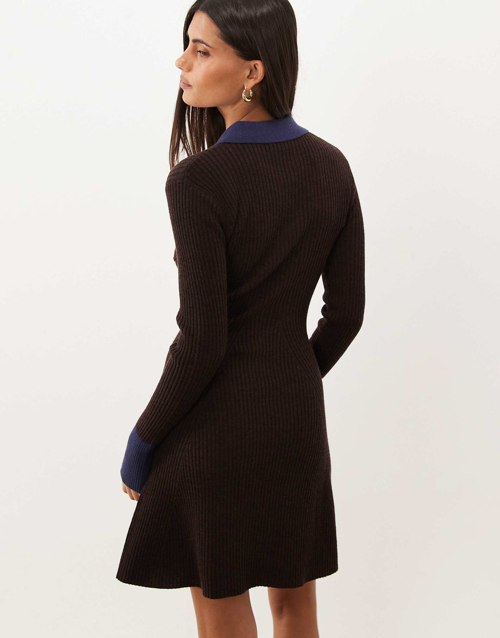 Good American contrast collar detail knit polo mini dress in chocolate brown