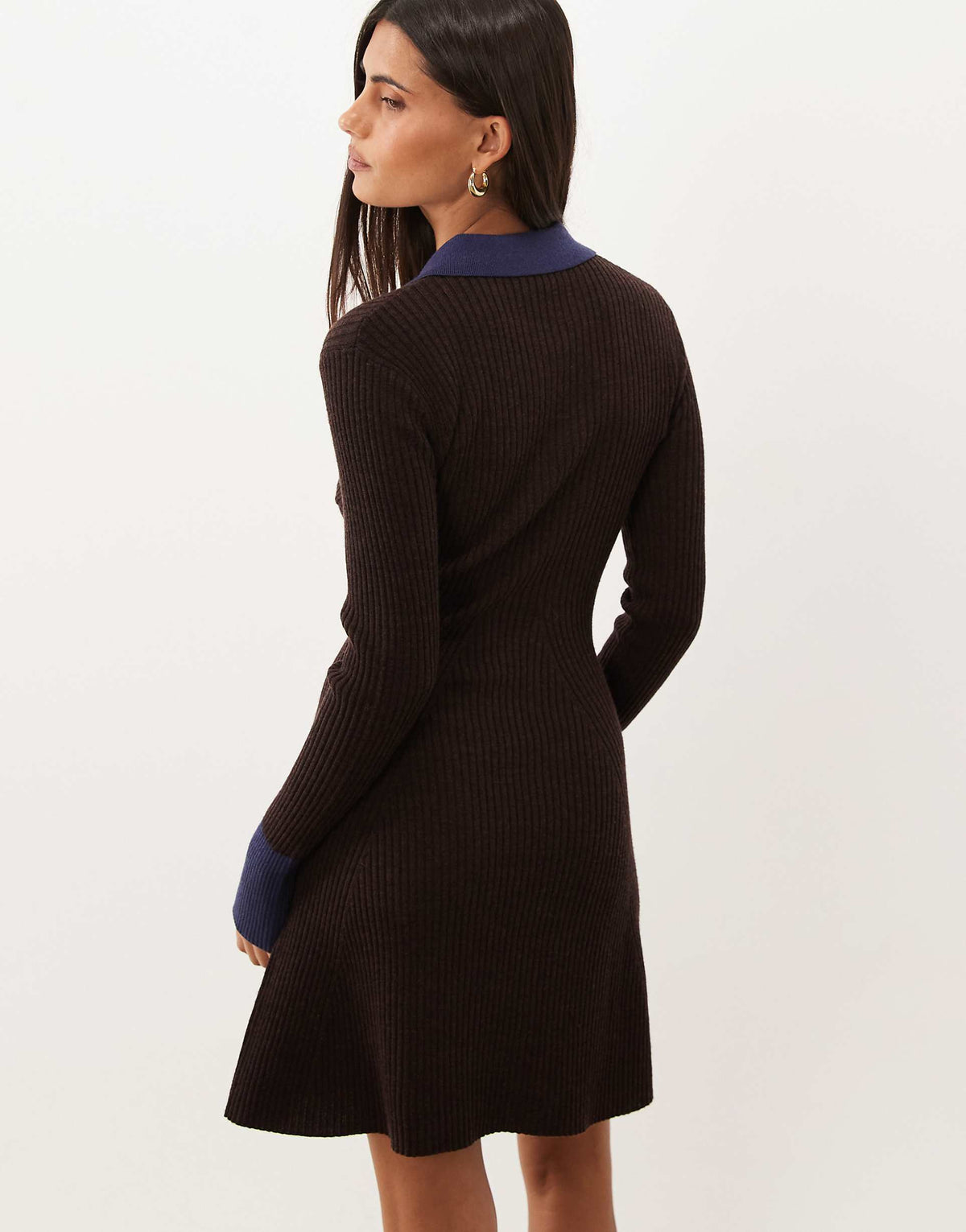 Good American contrast collar detail knit polo mini dress in chocolate brown