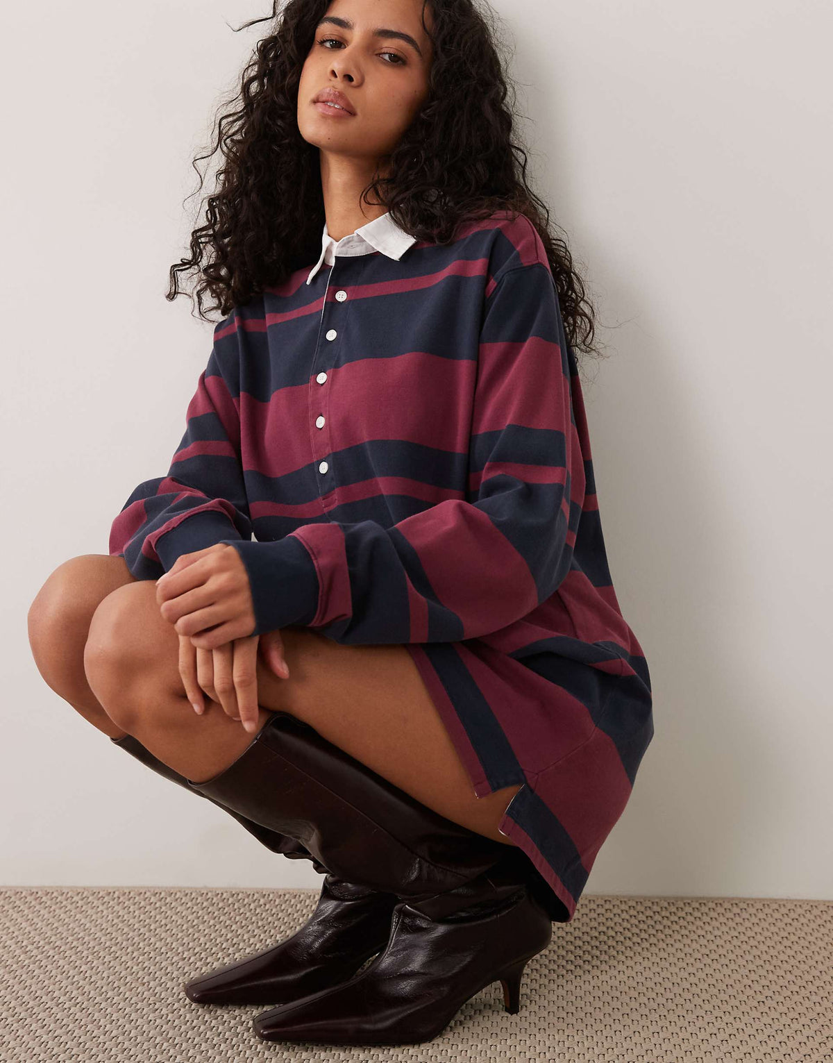 Good American cotton rugby polo mini dress in striped navy and berry